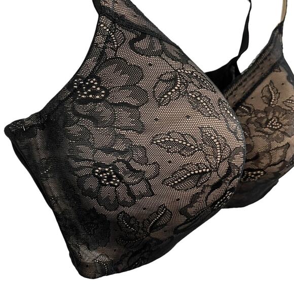 Cacique Black Modern Lace Covered LL BALC Nude Lined Underwire Bra Floral 44DDD - Picture 7 of 16